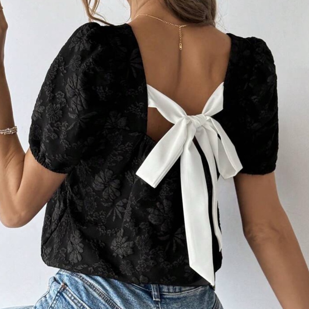 SHEIN Privé Women's Casual Jacquard Fabric Back Tie Knot Shirt, Summer